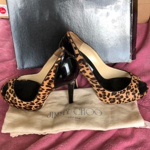 Jimmy Choo Pony Hair Leopard Peep toe pumps